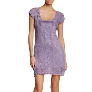 NWT VERTIGO Dress L Violet Lilac Pointelle-Knit Chevron Pleated Square-Neck